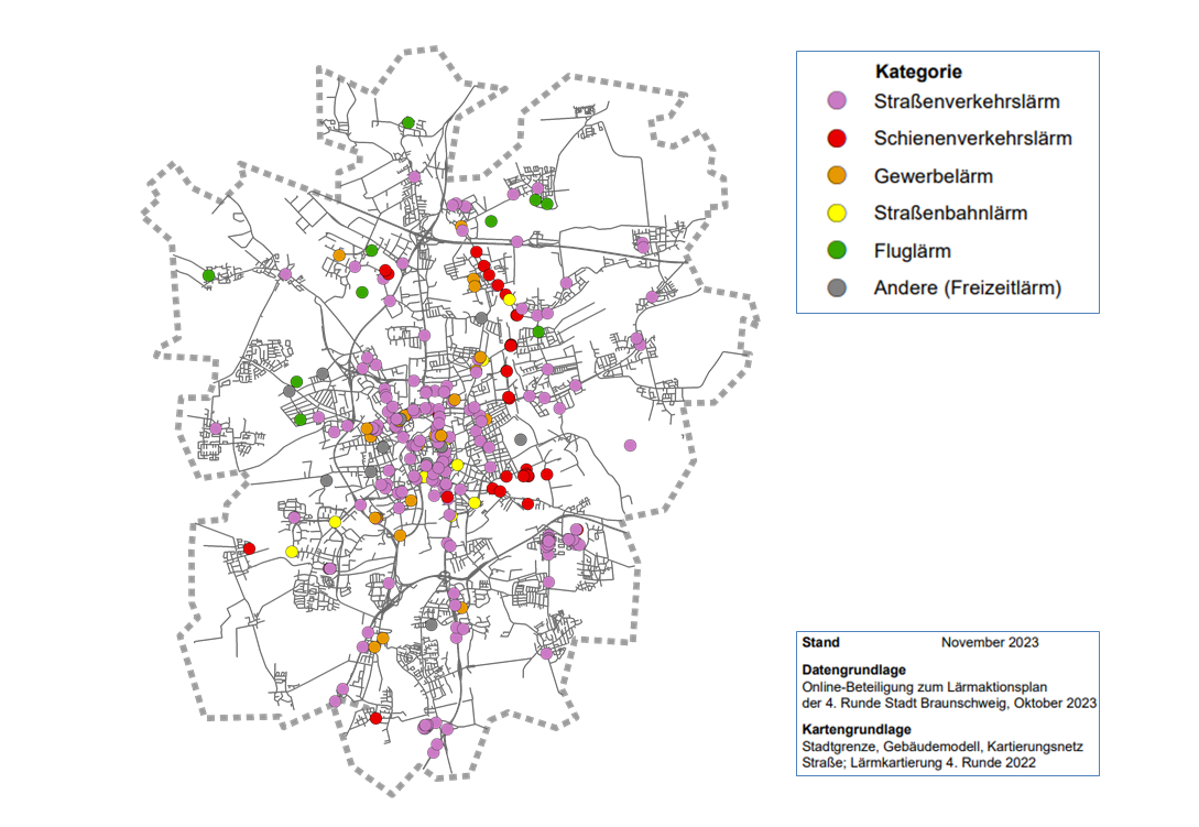 Eine Karte, in der die Beiträge aus der Öffentlichkeitsbeteiligung nach Lärmart kategorisiert dargestellt sind.