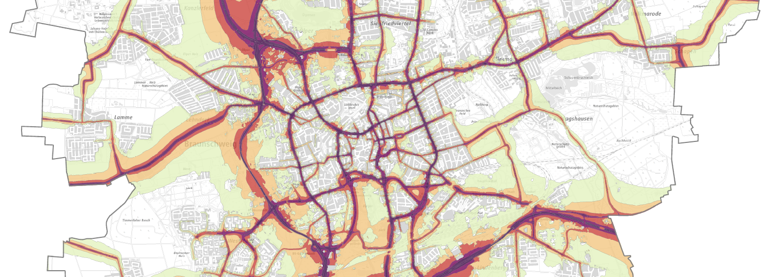 Eine Karte, die die Lärmbelastung durch den Straßenverkehrslärm in einem Teil von Braunschweig darstellt