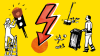Illustration: Symbolbild Mängelmelder: in der mitte ein roter Blitz, daneben wird eine Ampel repariert und Müll weggebracht