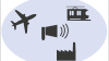 Eine Grafik, die Icons für Flugzeug, Stadtbahn, Industrie und Lärm beinhaltet